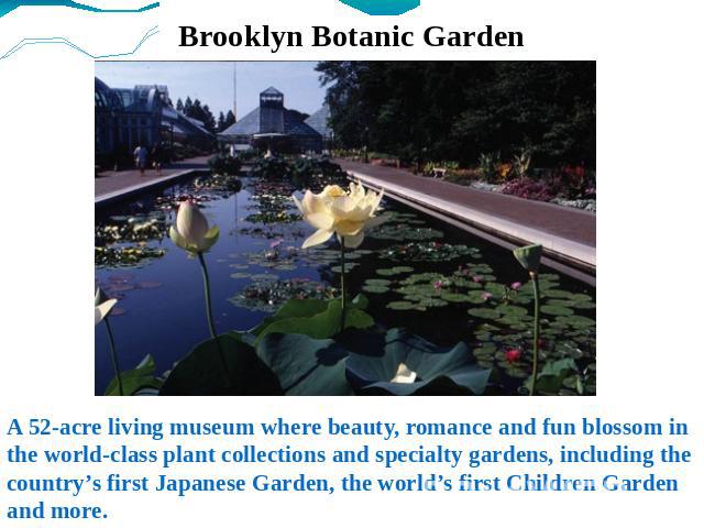 Brooklyn Botanic Garden A 52-acre living museum where beauty, romance and fun blossom in the world-class plant collections and specialty gardens, including the country’s first Japanese Garden, the world’s first Children Garden and more.