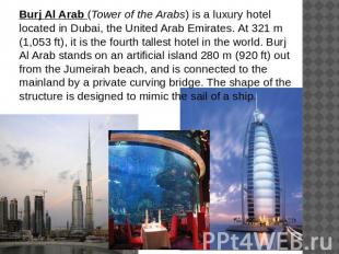 Burj Al Arab (Tower of the Arabs) is a luxury hotel located in Dubai, the United
