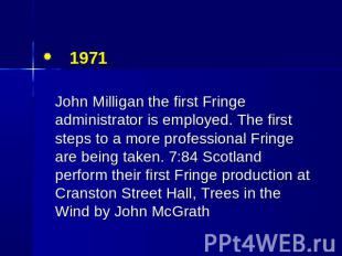 1971 John Milligan the first Fringe administrator is employed. The first steps t