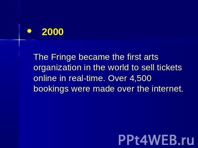2000 The Fringe became the first arts organization in the world to sell tickets online in real-time. Over 4,500 bookings were made over the internet.