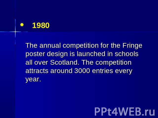 1980 The annual competition for the Fringe poster design is launched in schools all over Scotland. The competition attracts around 3000 entries every year.