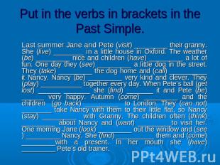 Put in the verbs in brackets in the Past Simple. Last summer Jane and Pete (visi