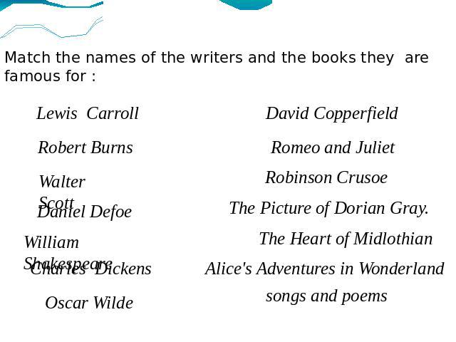 Match the names of the writers and the books they are famous for : Lewis Carroll Robert Burns Walter Scott Daniel Defoe William Shakespeare Charles Dickens Oscar Wilde David Copperfield Romeo and Juliet Robinson Crusoe The Picture of Dorian Gray. Th…