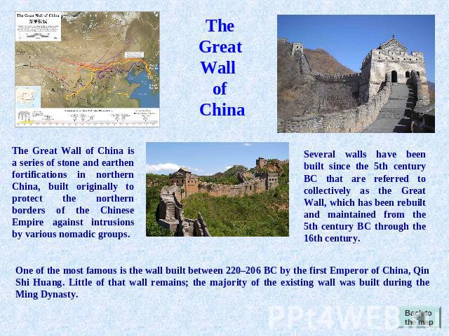 The Great Wall of China The Great Wall of China is a series of stone and earthen fortifications in northern China, built originally to protect the northern borders of the Chinese Empire against intrusions by various nomadic groups. Several walls hav…