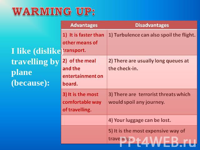 WARMING UP: I like (dislike) travelling by plane (because):