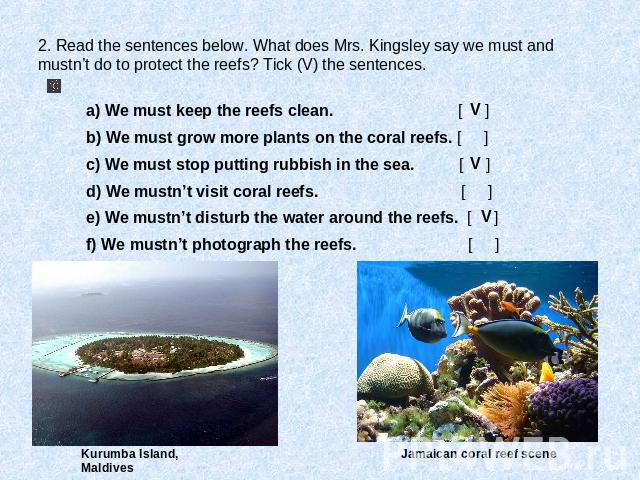 2. Read the sentences below. What does Mrs. Kingsley say we must and mustn’t do to protect the reefs? Tick (V) the sentences. a) We must keep the reefs clean. [ ] b) We must grow more plants on the coral reefs. [ ] c) We must stop putting rubbish in…