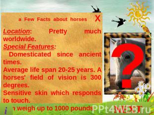 a Few Facts about horses Location: Pretty much worldwide. Special Features: Dome