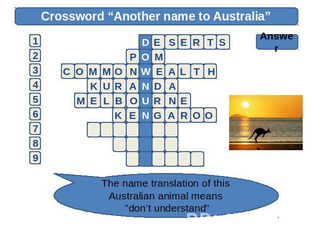 Crossword “Another name to Australia” Answer The name translation of this Australian animal means 