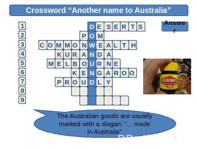 Crossword “Another name to Australia” Answer The Australian goods are usually marked with a slogan: 