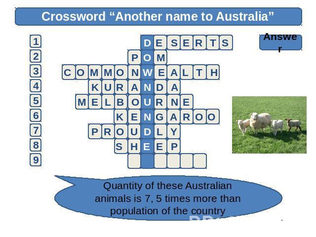 Crossword “Another name to Australia” Answer Quantity of these Australian animals is 7, 5 times more than population of the country