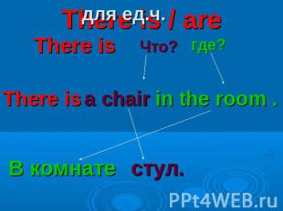 There is / are для ед.ч. There is Что? где? There is a chair in the room . В ком