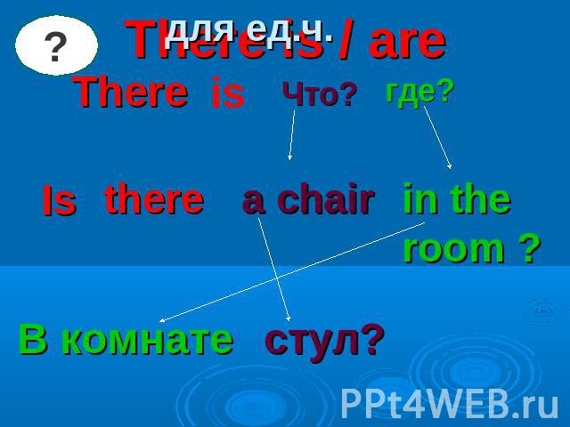 для ед.ч. There is / areThere is Что? где? Is there a chair in the room ? В комнате стул?
