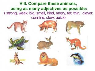 VIII. Compare these animals, using as many adjectives as possible: ( strong, wea