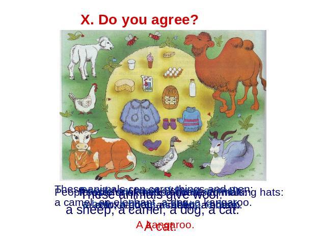 X. Do you agree? People eat meat of these animals: a bear, a horse, a sheep, a duck. These animals give wool: a sheep, a camel, a dog, a cat. These animals can carry things and men: a camel, an elephant, a dog, a kangaroo. People use fur of these an…