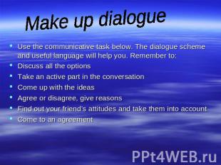 Make up dialogue Use the communicative task below. The dialogue scheme and usefu