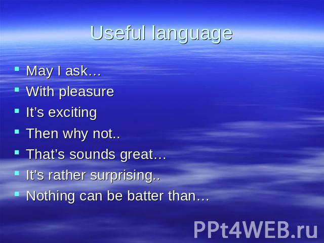 Useful language May I ask… With pleasure It’s exciting Then why not.. That’s sounds great… It’s rather surprising.. Nothing can be batter than…