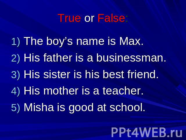 True or False: The boy’s name is Max. His father is a businessman. His sister is his best friend. His mother is a teacher. Misha is good at school.
