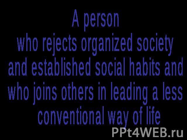 A person who rejects organized society and established social habits and who joins others in leading a less conventional way of life