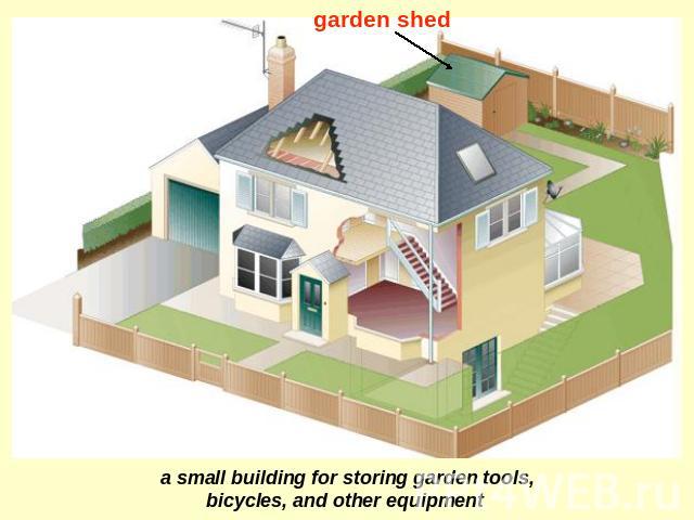 garden shed a small building for storing garden tools, bicycles, and other equipment