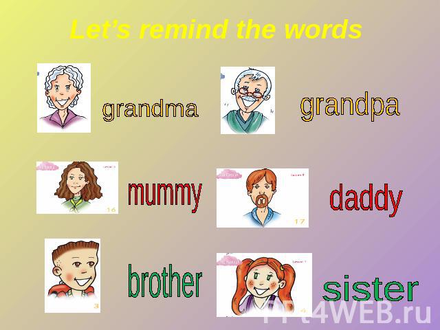 Let’s remind the words grandma mummy brother grandpa daddy sister