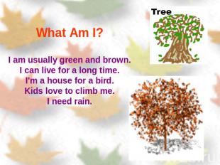 What Am I? I am usually green and brown.I can live for a long time.I'm a house f