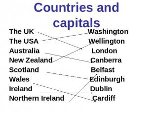 Countries and capitals The UK Washington The USA Wellington Australia London New