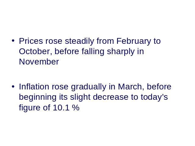 Prices rose steadily from February to October, before falling sharply in November Inflation rose gradually in March, before beginning its slight decrease to today's figure of 10.1 %