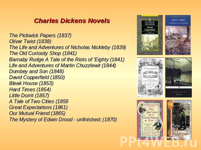 Charles Dickens Novels The Pickwick Papers (1837)Oliver Twist (1838)The Life and Adventures of Nicholas Nickleby (1839)The Old Curiosity Shop (1841)Barnaby Rudge A Tale of the Riots of 'Eighty (1841)Life and Adventures of Martin Chuzzlewit (1844)Dom…