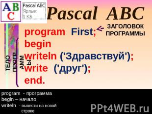 Pascal ABC program First; begin writeln ('Здравствуй'); write ('друг'); end. ТЕЛ