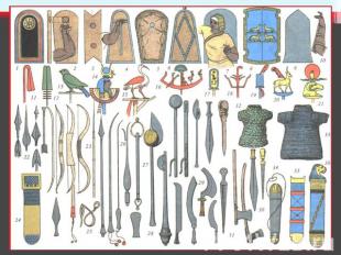Оружие, доспехи и военные значки армии Древнего Египта: 1—9 — щиты; 10 — щиток д