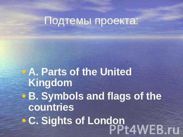 Подтемы проекта: A. Parts of the United Kingdom A. Parts of the United Kingdom B. Symbols and flags of the countries C. Sights of London