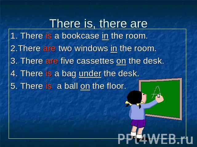 1. There is a bookcase in the room. 1. There is a bookcase in the room. 2.There are two windows in the room. 3. There are five cassettes on the desk. 4. There is a bag under the desk. 5. There is a ball on the floor.
