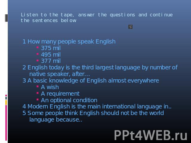 1 How many people speak English 1 How many people speak English 375 mil 495 mil 377 mil 2 English today is the third largest language by number of native speaker, after… 3 A basic knowledge of English almost everywhere A wish A requirement An option…