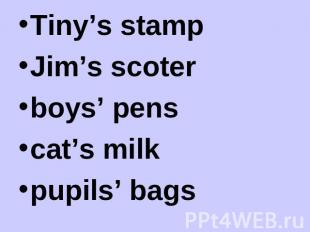 Tiny’s stamp Tiny’s stamp Jim’s scoter boys’ pens cat’s milk pupils’ bags