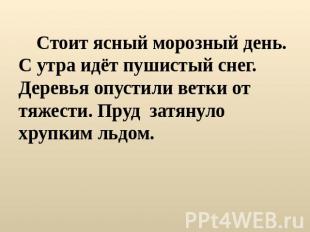 Стоит ясный морозный день. С утра идёт пушистый снег. Деревья опустили ветки от