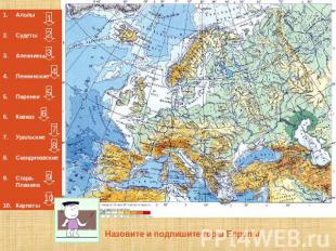 Назовите и подпишите горы Европы Альпы Судеты Апеннины Пеннинские Пиренеи Кавказ