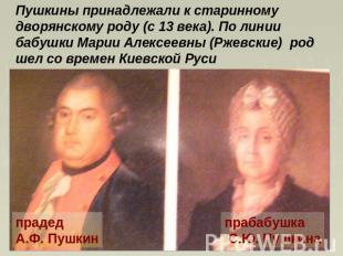 Пушкины принадлежали к старинному дворянскому роду (с 13 века). По линии бабушки