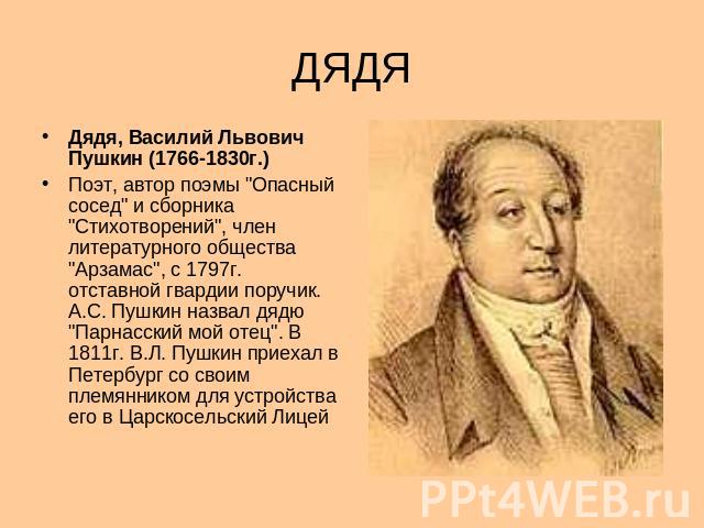 ДЯДЯ Дядя, Василий Львович Пушкин (1766-1830г.) Поэт, автор поэмы 