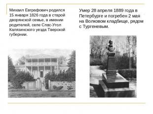 Михаил Евграфович родился 15 января 1826 года в старой дворянской семье, в имени