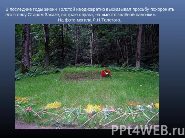 В последние годы жизни Толстой неоднократно высказывал просьбу похоронить его в лесу Старом Заказе, на краю оврага, на «месте зелёной палочки». На фото могила Л.Н.Толстого.
