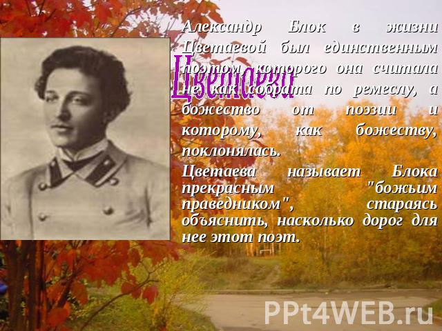 Александр Блок в жизни Цветаевой был единственным поэтом, которого она считала не как собрата по ремеслу, а божество от поэзии и которому, как божеству, поклонялась. Цветаева называет Блока прекрасным 