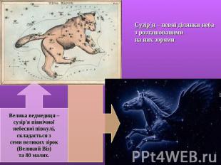 Сузір`я – певні ділянки небаз розташованимина них зорямиВелика ведмедиця –сузір'