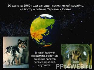 20 августа 1960 года запущен космический корабль, на борту – собаки Стрелка и Бе