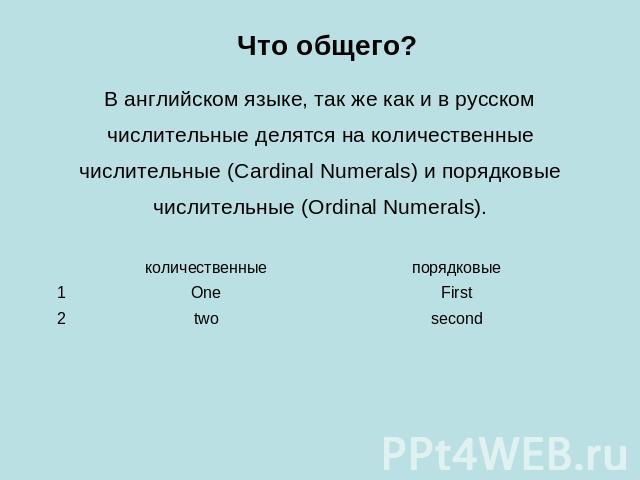 Что общего? В английском языке, так же как и в русском числительные делятся на количественные числительные (Cardinal Numerals) и порядковые числительные (Ordinal Numerals). 