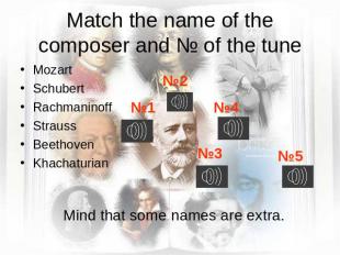 Match the name of the composer and № of the tune Mozart SchubertRachmaninoffStra