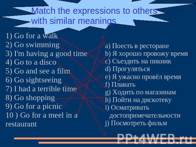 Match the expressions to others with similar meanings 1) Go for a walk2) Go swimming3) I'm having a good time4) Go to a disco5) Go and see a film6) Go sightseeing7) I had a terrible time8) Go shopping9) Go for a picnic10 ) Go for a meel in a restaur…