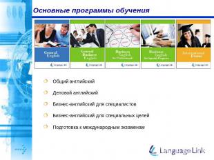 Основные программы обучения Общий английский Деловой английский Бизнес-английски