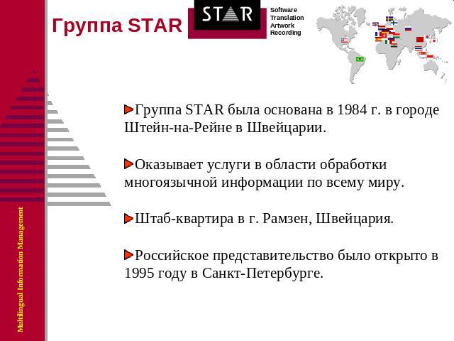 Группа STAR Группа STAR была основана в 1984 г. в городе Штейн-на-Рейне в Швейцарии.Оказывает услуги в области обработки многоязычной информации по всему миру.Штаб-квартира в г. Рамзен, Швейцария.Российское представительство было открыто в 1995 году…