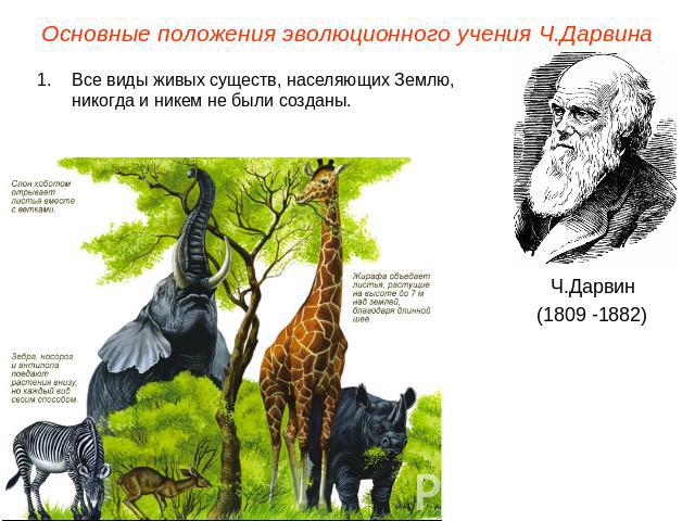 Основные положения эволюционного учения Ч.ДарвинаВсе виды живых существ, населяющих Землю, никогда и никем не были созданы.Ч.Дарвин(1809 -1882)