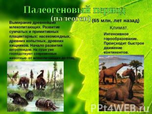 Палеогеновый период(палеоген)Вымирание древнейших млекопитающих. Развитие сумчат